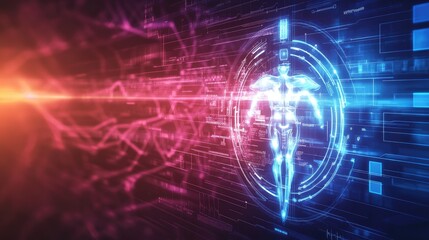 Futuristic health care sign with dynamic lines and glowing accents, set against a high-tech background, symbolizing wellness and innovation