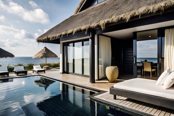 A luxury travel resort with a thatched roof, wooden deck and infinity pool 