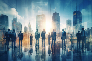 Double exposure image of many business people conference group meeting on city 