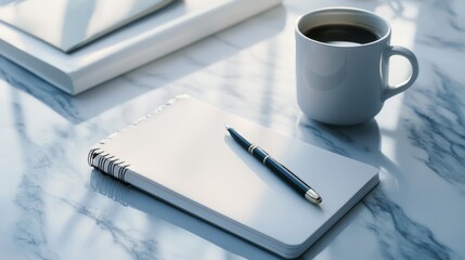 A corporate office desk featuring a sleek white marble surface adorned with a neatly arranged notebook and pen accompanied by a coffee mug evoking a sense of focus and sophistication