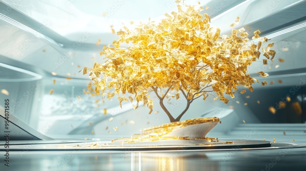 Fototapete gold tree adorned with money ribbons, placed against a dynamic futuristic background, creating an el