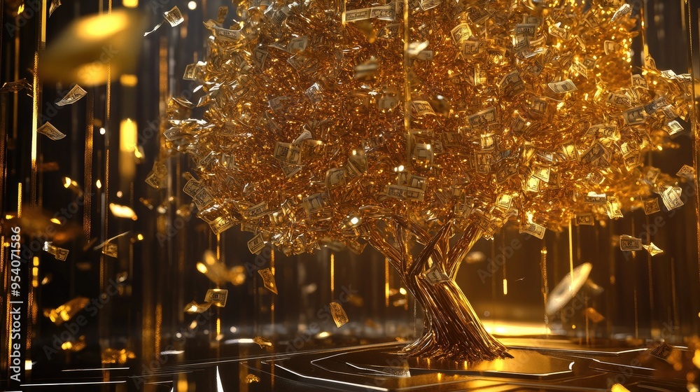 Fototapete gold tree adorned with money ribbons, placed against a dynamic futuristic background, creating an el