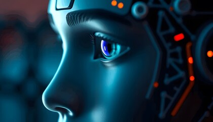 Obraz premium Side view of head of female humanoid robot with glowing plastic skin, blue eyes and illuminated circuitry in her skull against dark background