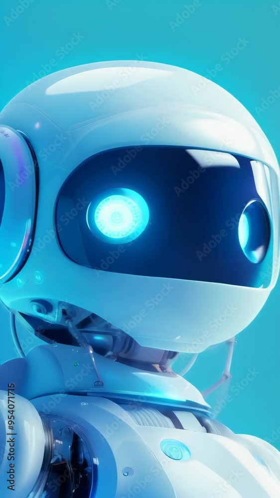 Poster close-up of a cute, futuristic robot with glowing blue eyes, showcasing the friendly side of ai and 