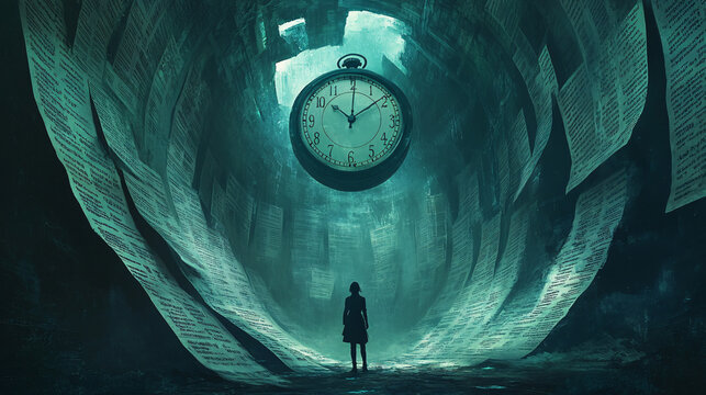 Surreal artwork symbolizing procrastination with a lone figure standing beneath a large clock in a vast, text-covered space, representing the passage of time and the burden of delayed tasks