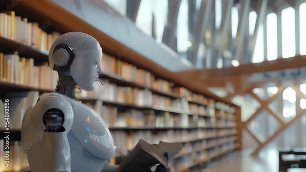 Poster Humanoid robot reading a book in a modern library with bookshelves in the background. Concept of artificial intelligence and the integration of robots in education.