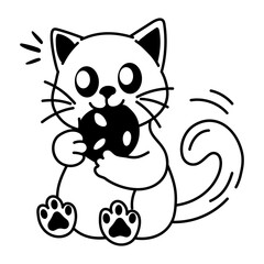 A cat eating cookie icon in doodle style 