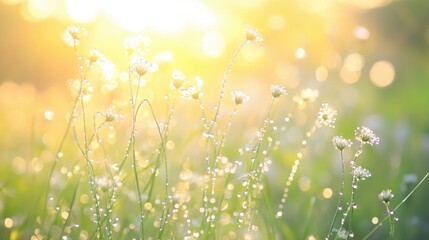 Obraz premium Morning sunlight reflecting on dew-covered grass flowers, creating a serene and sparkling scene in a naturistic setting