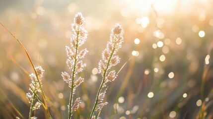 Morning sunlight reflecting on dew-covered grass flowers, creating a sparkling effect in a serene naturistic landscape