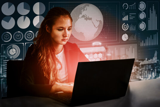 Big Data Technology for Business Finance Analytic Concept. Modern interface shows massive information of business sale report, profit chart and stock market trends analysis on screen monitor. uds