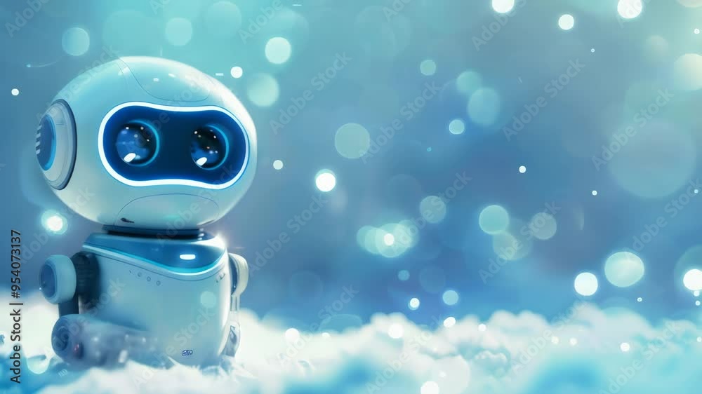 Poster cute little robot standing in a snowy environment with a dreamy blue bokeh background. ai in winter-