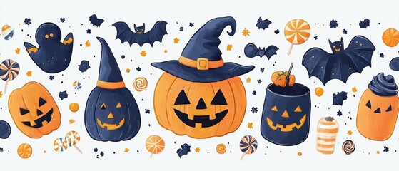 Fototapeta premium Whimsical Halloween Seamless Background with Cute Bats, Candy, and Little Witches for Kids' Prints