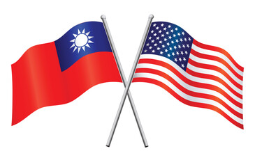 USA american and Taiwan flags on flagpoles crossed alliance transparent background