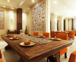 Diwali themed Indian dining with saffron chairs and a wooden carved table.