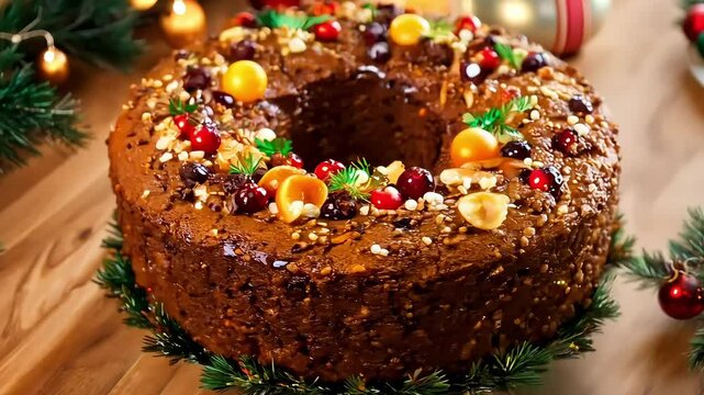 Traditional fruitcake with glossy glaze, dried fruits, and nuts, richly textured