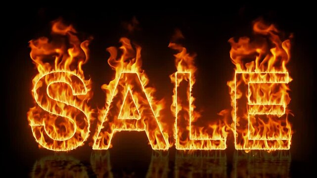 . Bright orange "SALE" text with glowing fire effect, camera sliding from left to right. VIDEO