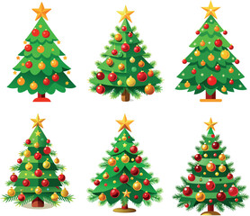 Six christmas trees decorated with ornaments and stars