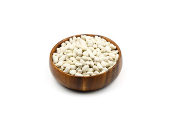 white kidney bean in wooden bowl isolated on white background. Top view. Flat lay