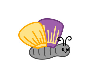 Yellow purple butterfly is flying. Cartoon, kawaii, vector.