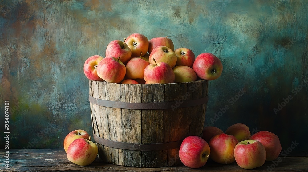 Sticker A Rustic Wooden Bucket Filled with Fresh Red Apples