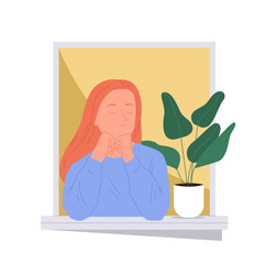 Dreamy woman cartoon character looking out of open home window smiling with pleasure emotion