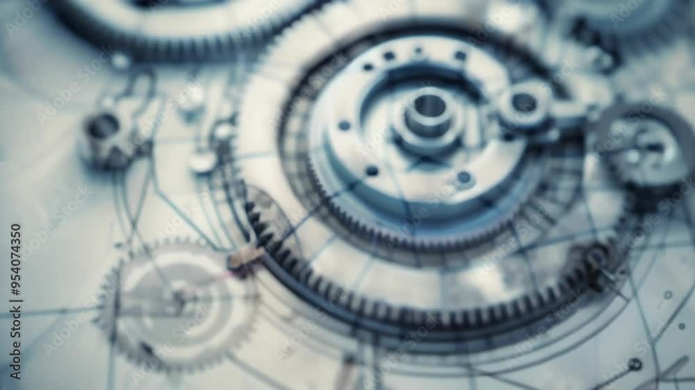 Aufkleber close-up of intricate gears and mechanical parts in cool blue tones, symbolizing engineering and rob