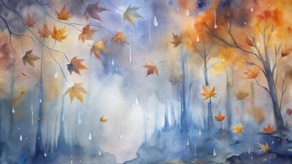 Melancholic watercolor autumn landscape with falling leaves and raindrops, atmospheric and serene, copy space