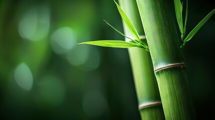   A green bamboo plant in focus against a blurred background of trees and grass