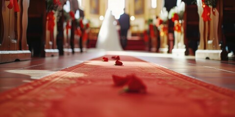 Focus on red carpet at wedding ceremony in church