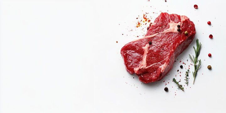 Fresh carnivore diet concept with raw steak and spices on white background for nutrition and cooking