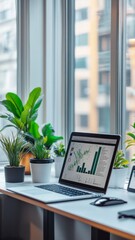 Fototapeta premium A sleek office showcases large windows potted plants and laptops displaying growth charts amidst a bright and inviting atmosphere