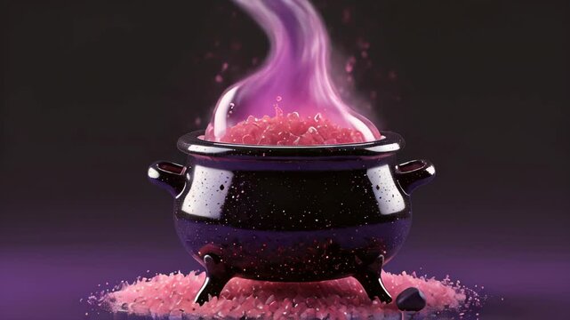 A pink potion is brewed in a shiny witch's cauldron with a purple hue, pink smoke is streaming from the cauldron