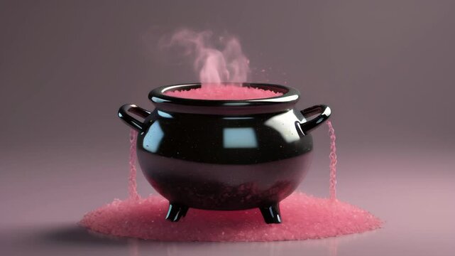 A pink potion is being brewed in a shiny witch's cauldron, pink smoke is streaming from the cauldron
