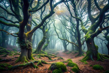 Dark and foreboding woods with twisted tree trunks