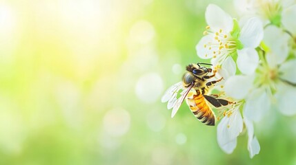 Naklejka premium Close-up of a Honey Bee on a White Blossom with Green Spring Background Generative AI
