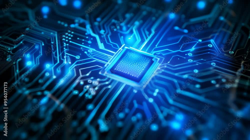 Poster Close-up of a glowing microchip on a futuristic circuit board with intricate patterns. Advanced technology and digital innovation in electronics.