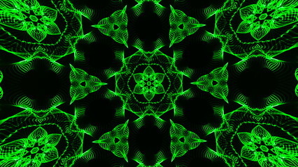 Abstract beautiful multicolor kaleidoscopic background. Psychedelic green geometric shapes. Beautiful multicolor kaleidoscopic texture. Unique kaleidoscope design.