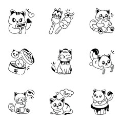 Pack of Cute Cat Character Doodle Icons

