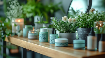 A skincare routine setup with various lotions, face cream, and a mirror reflecting glowing skin.