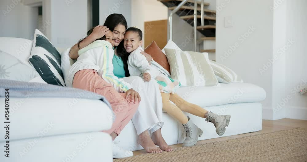 Poster Happy, hugging and mother with children on a sofa relaxing in the living room of modern home. Smile, love and young mom embracing, resting and bonding with her girl kids in the lounge at house.