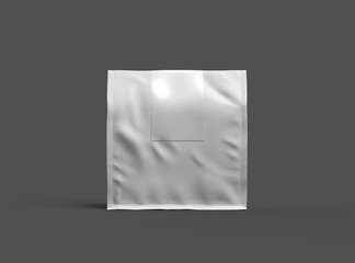 Mockup of a square glossy package with a sticker label on top on a dark background