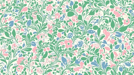   Green, Pink, Blue Floral Pattern with Pastel Leaves and Flowers on White Background