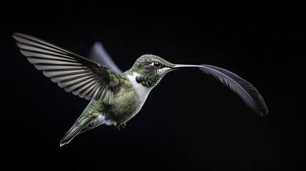 Fototapeta premium Hummingbird soaring, wings open, beak grazing the ground