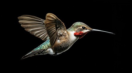 Naklejka premium A hummingbird flies in the air, spreading its wings and showcasing a bright red beak