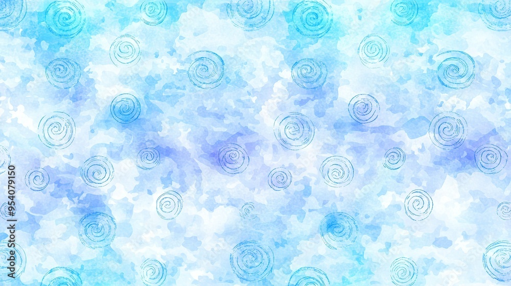 Poster a watercolor painting with a blue and white theme, featuring swirling patterns in the center