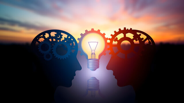 Two heads with gears forming a light bulb at sunset, teamwork and innovation concept. Generative AI