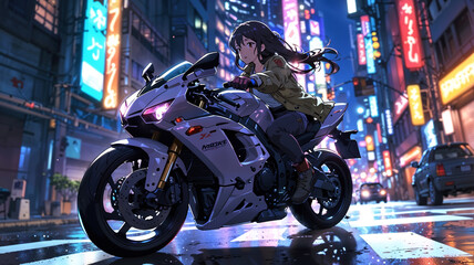 An anime character rides a motorcycle through a futuristic city at night, with neon signs and holograms creating a dazzling, high-tech environment.