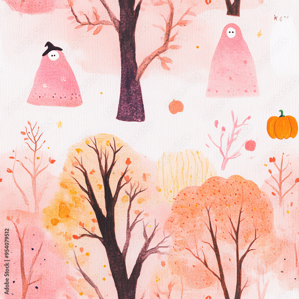 Wall mural Seamless Halloween-themed pattern with whimsical ghosts, pumpkins, and autumn trees in soft watercolor tones of orange and pink