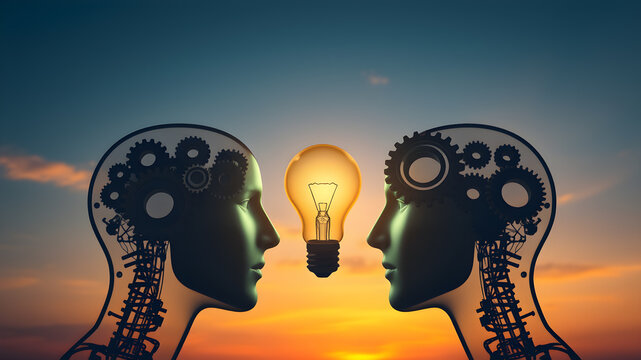 Two heads with gears forming a light bulb at sunset, teamwork and innovation concept. Generative AI