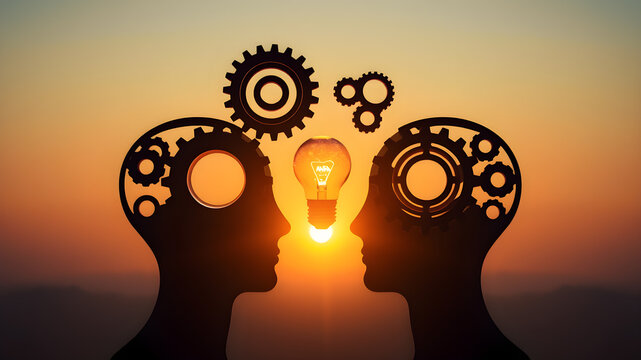 Two heads with gears forming a light bulb at sunset, teamwork and innovation concept. Generative AI